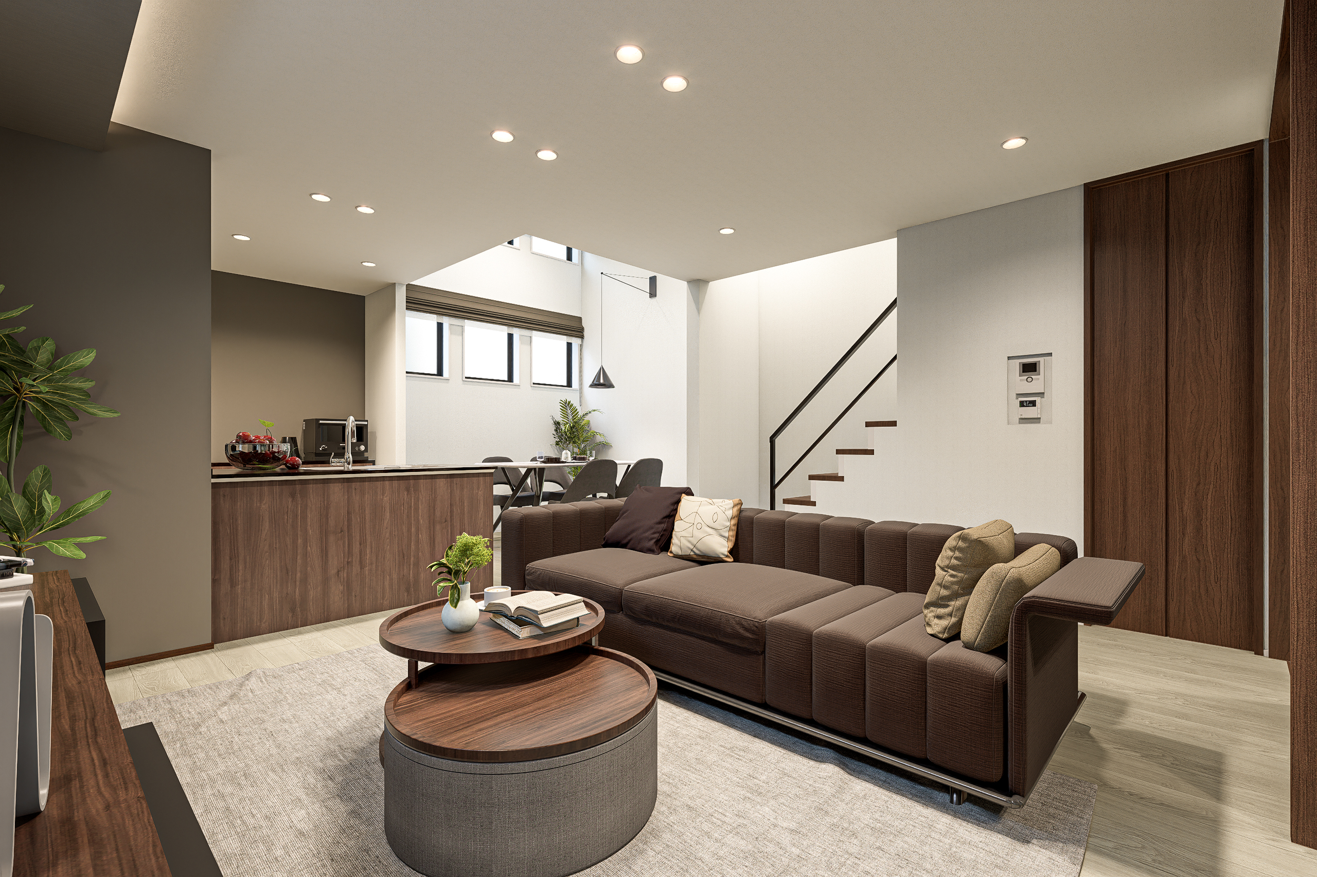 T-2/玄関SICから各所の物入まで、適材適所の収納が「片付けやすさ」を実現。南から光が注ぐ広々リビングを、いつでも美しく保てます。機能的な収納と開放感が共創する住まい。