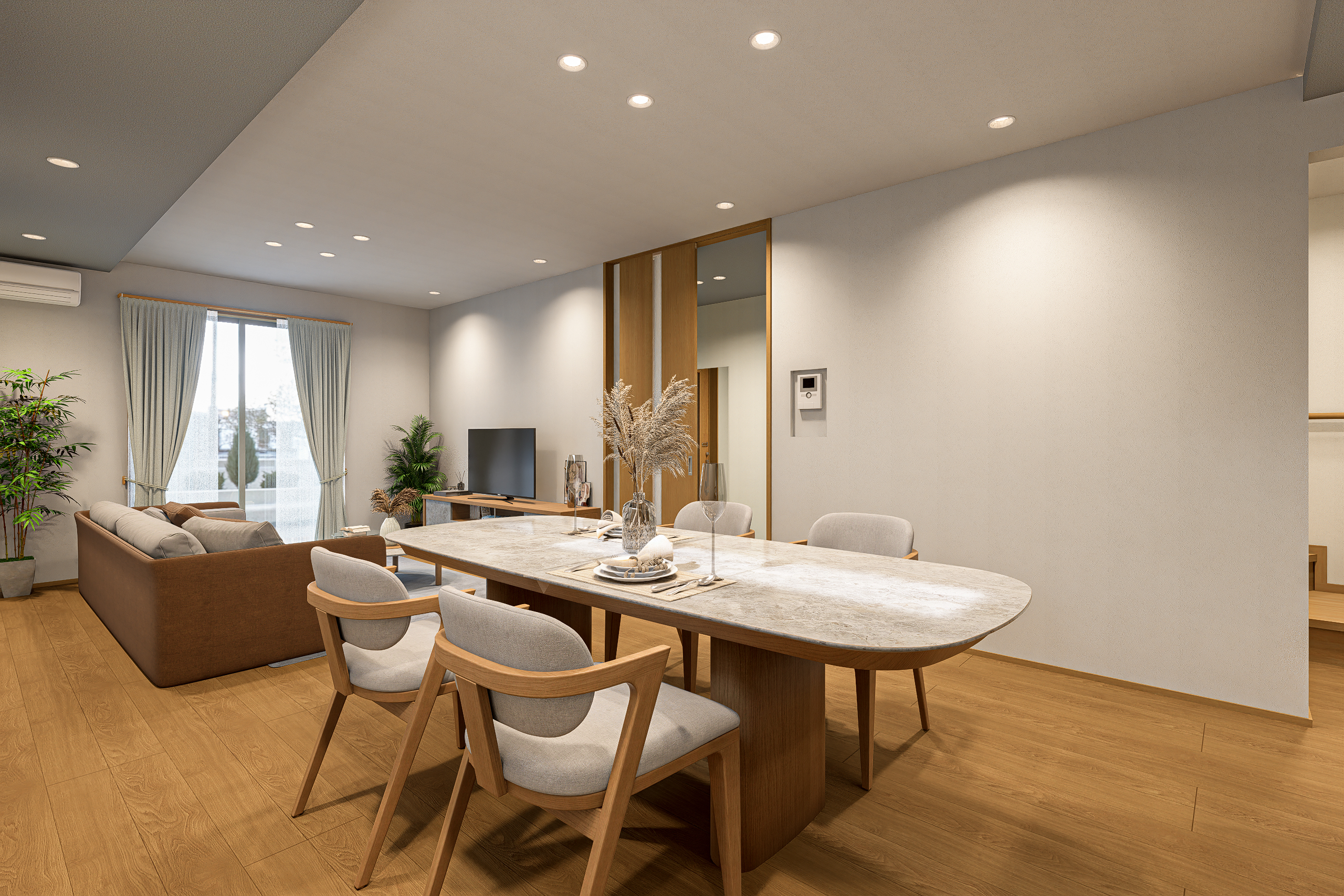 T-1/木の温もりと爽やかな陽差しが調和し、1日の始まりと終わりに家族が集うひと時を、心満たされる特別な時間に。