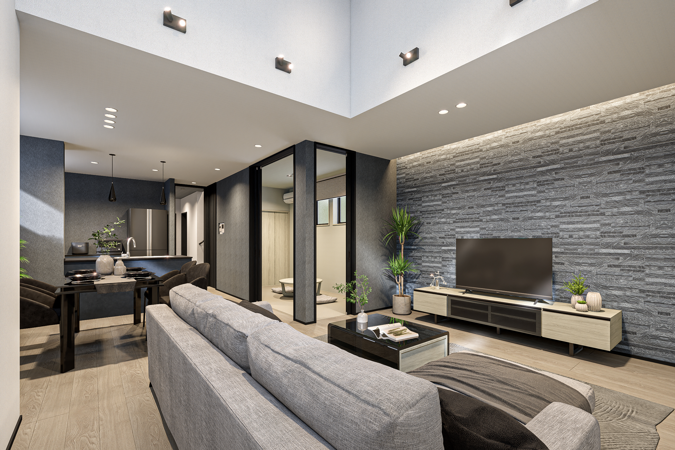 T-1/24.5帖の大空間LDKで家族が自然と集まる暮らしを実現!採光良好で、心地よい開放感に包まれる理想の住まいです。