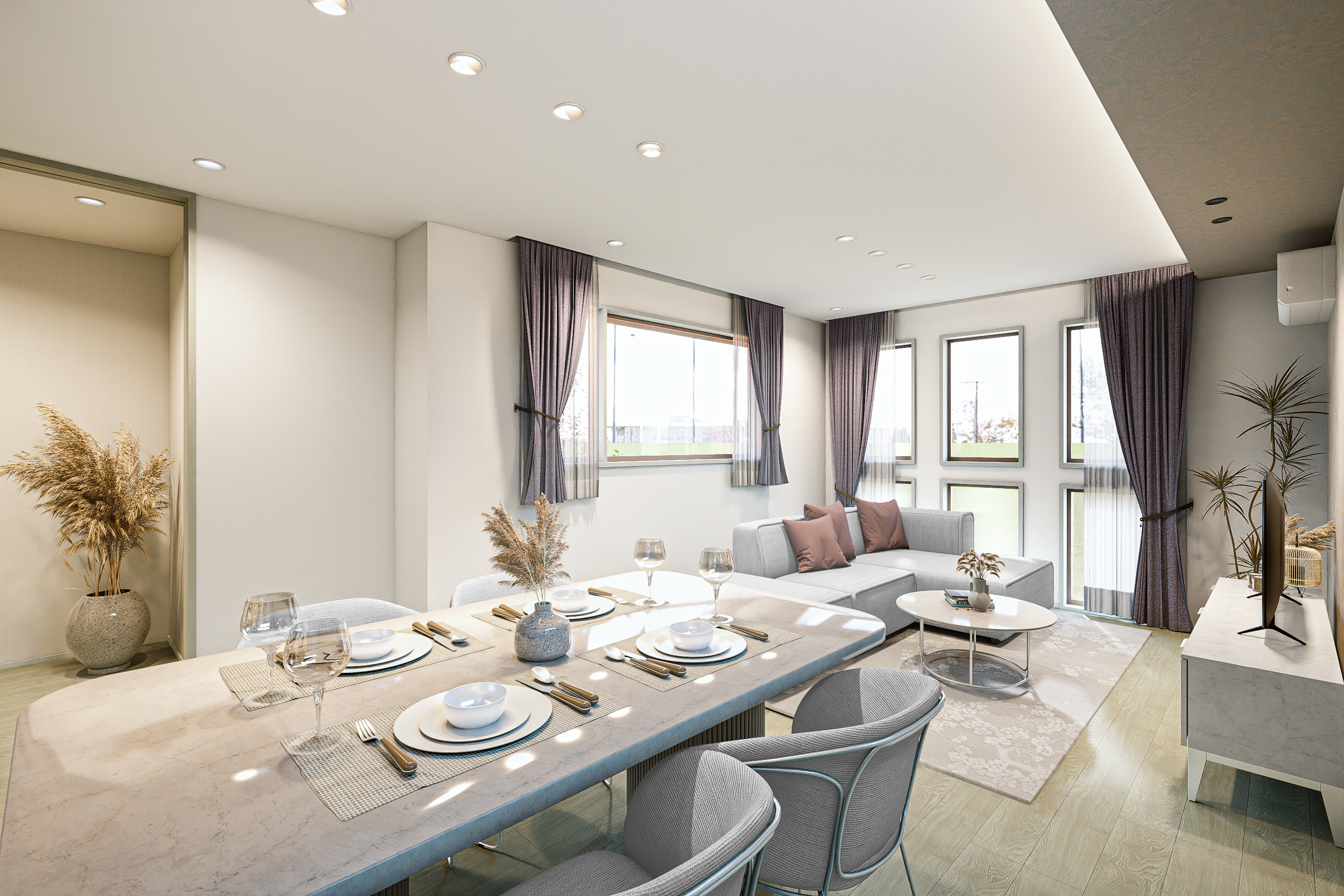 T-2/陽光あふれる3面採光のリビングは防火窓で機能性と快適性が調和する住まい仕様。上質な暮らしが叶います。