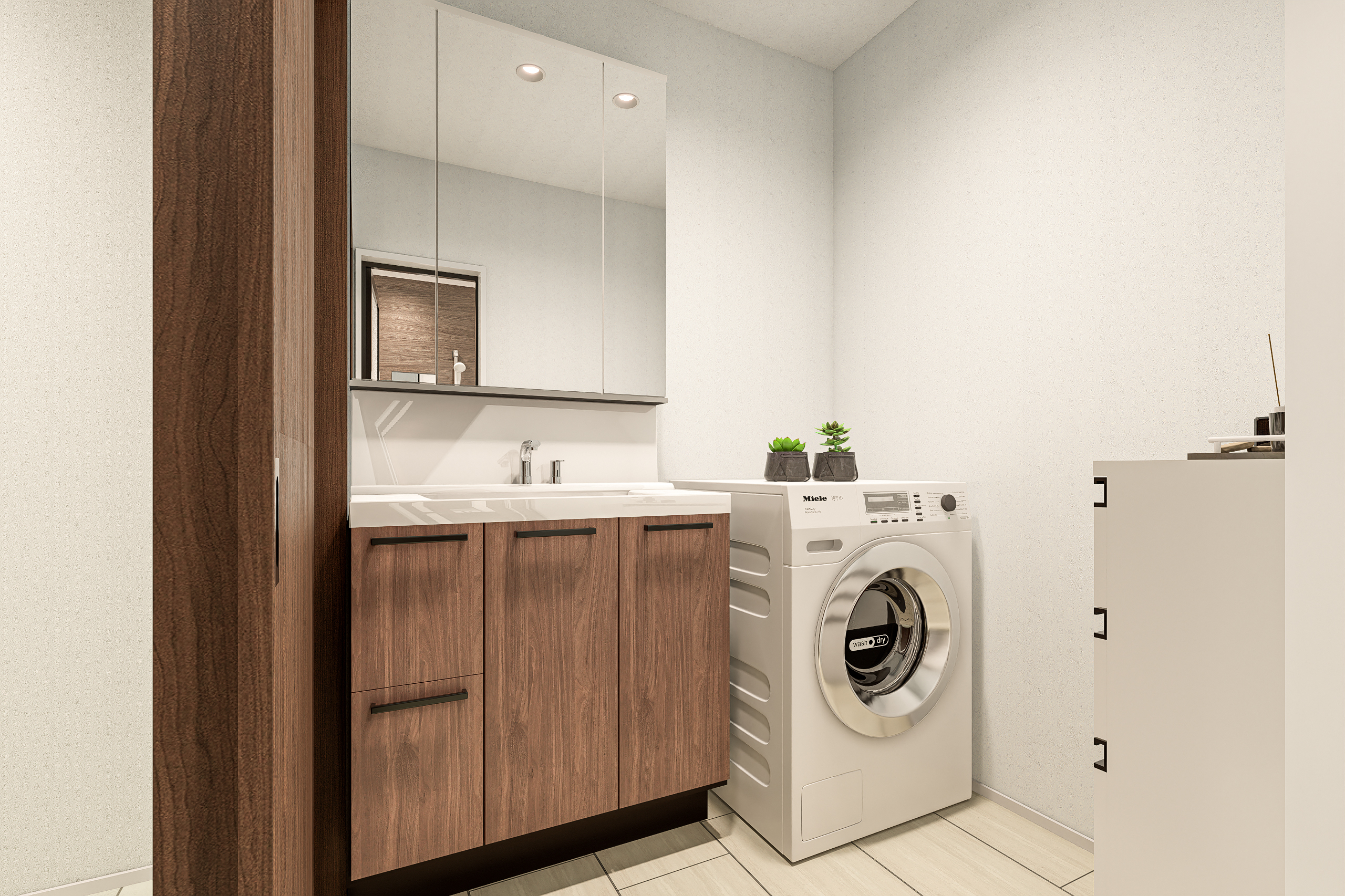 T-2/散らかりがちなサニタリー用品を一台に集約できるトールキャビネット。出し入れしやすく、生活感を徹底して排除。美しさを保つための工夫が、施されています。