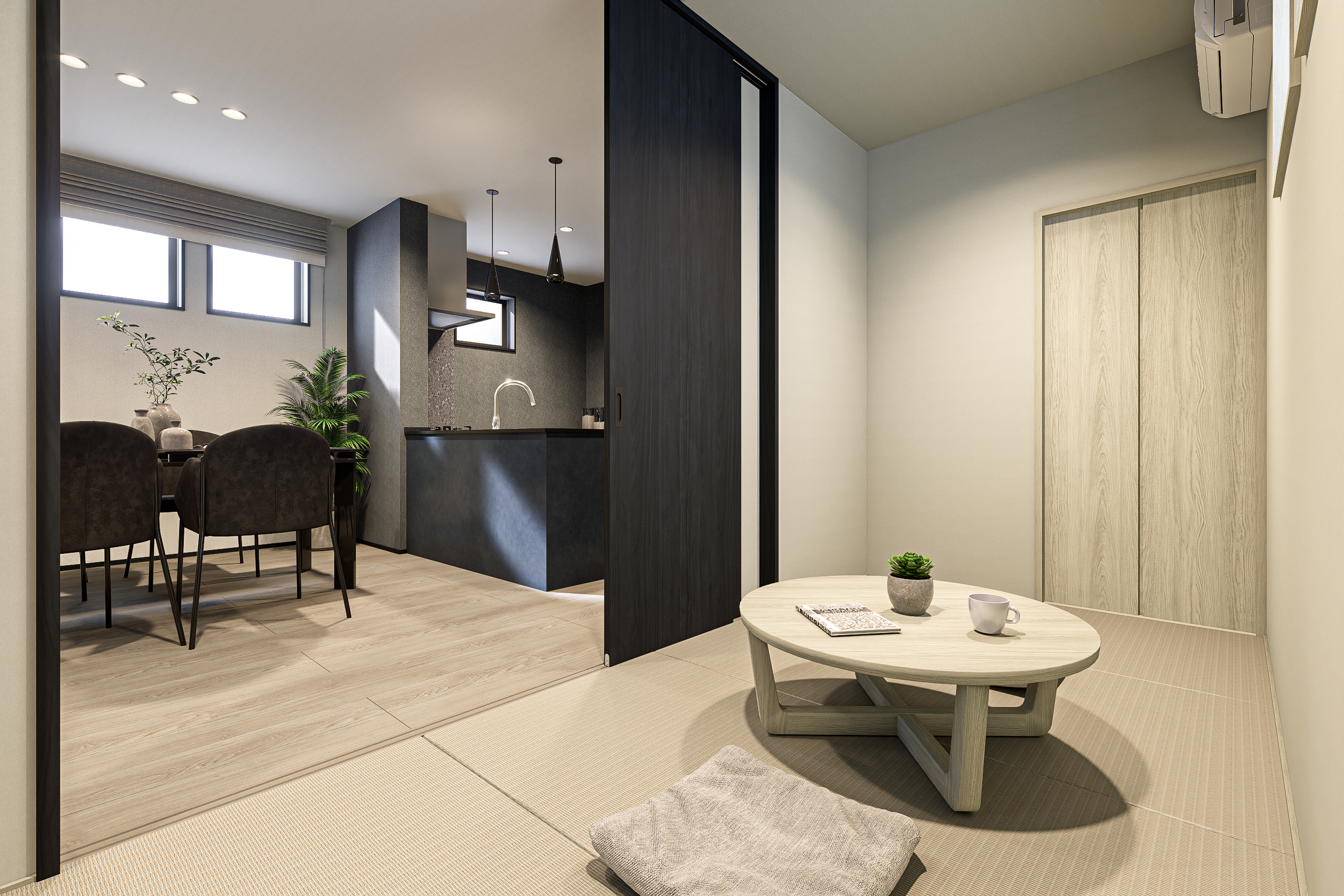 T-1/リビングの開放感はそのままに、暮らしの幅を広げる4.0帖の和室。子育て、仕事、休息。その時々のライフスタイルに寄り添います。