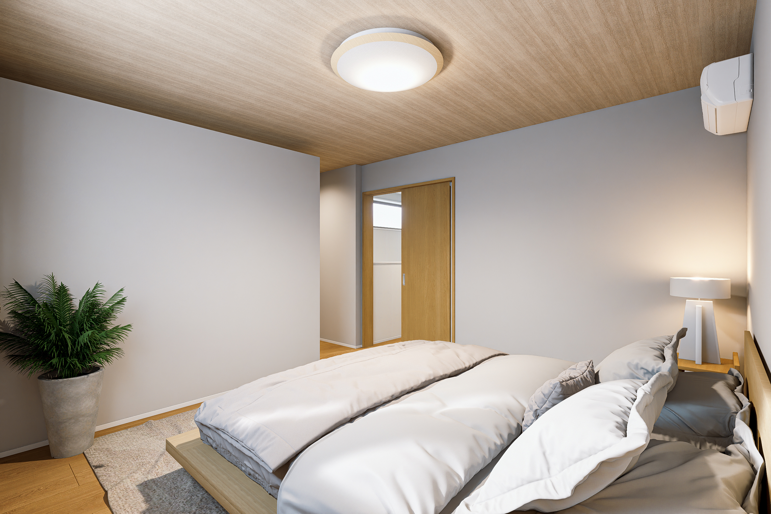 T-2/3階の角にWIC付きの主寝室をご用意しています。10.2帖とゆとりある広さで、大きなベッドも自由に配置可能。