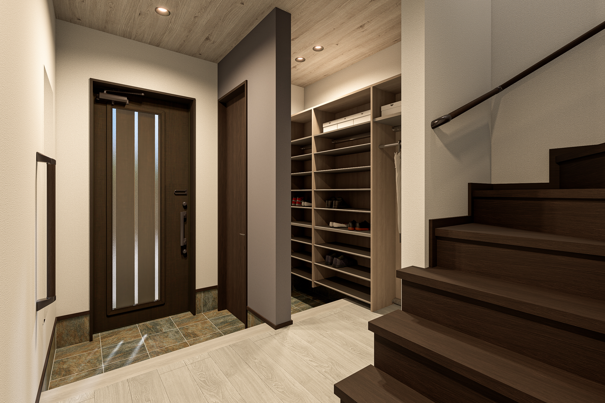 T-2/バリアフリーに配慮した手すりや大容量のWTSCを備えた玄関は、広々とした空間が魅力的。