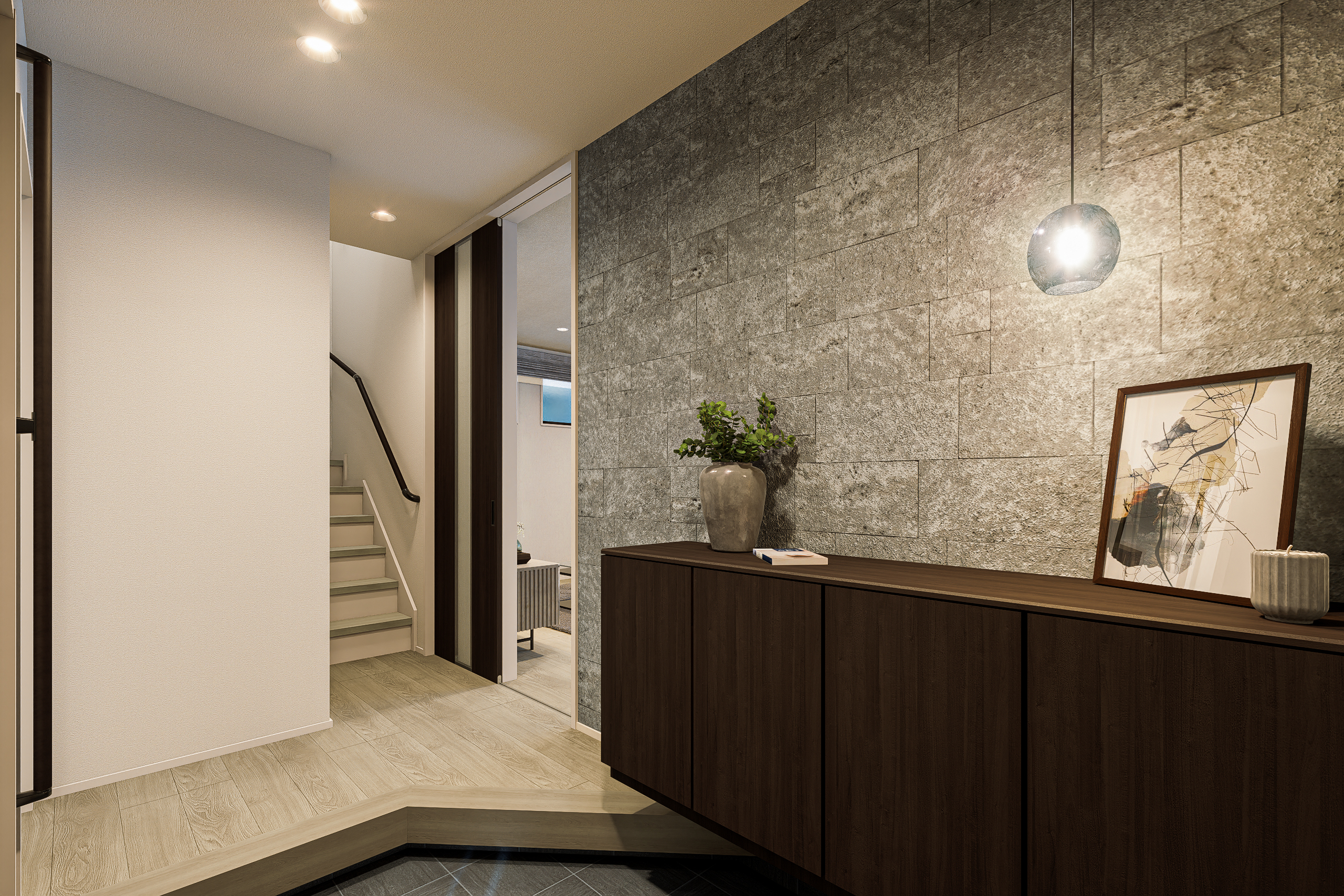 T-1/シックな色合いで統一された玄関は、住まいの顔としてここから始まる優雅な暮らしを予感させる美しい空間設計。