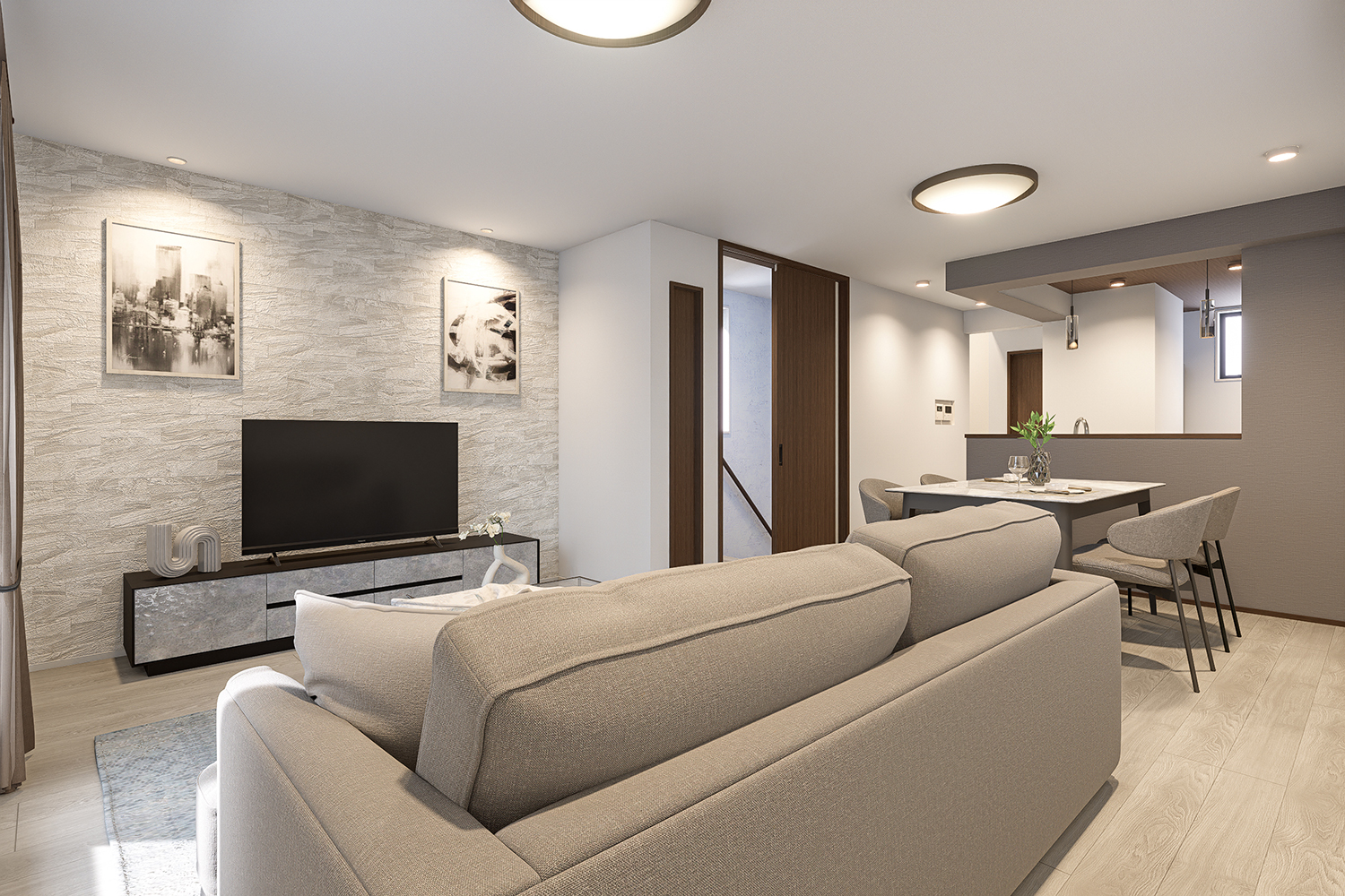 T-2/リビング階段を通って居室に行く配置だから、家族が顔を合わせる機会が増え、コミュニケーションを育みます。