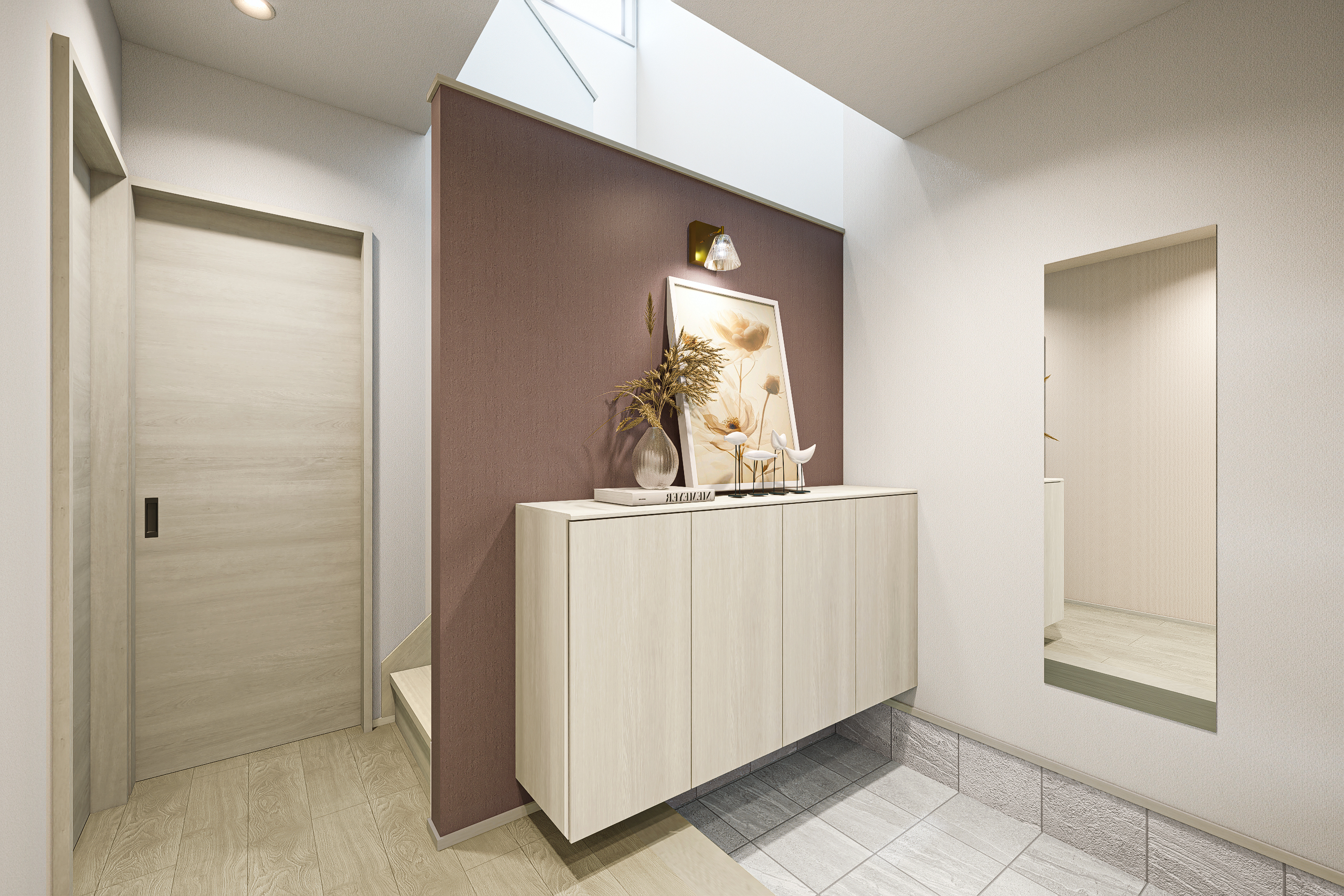 T-2/縦への広がりを感じさせる吹き抜けが圧倒的な開放感を演出。光とゆとりに満ちた、毎日心地よく使える玄関。