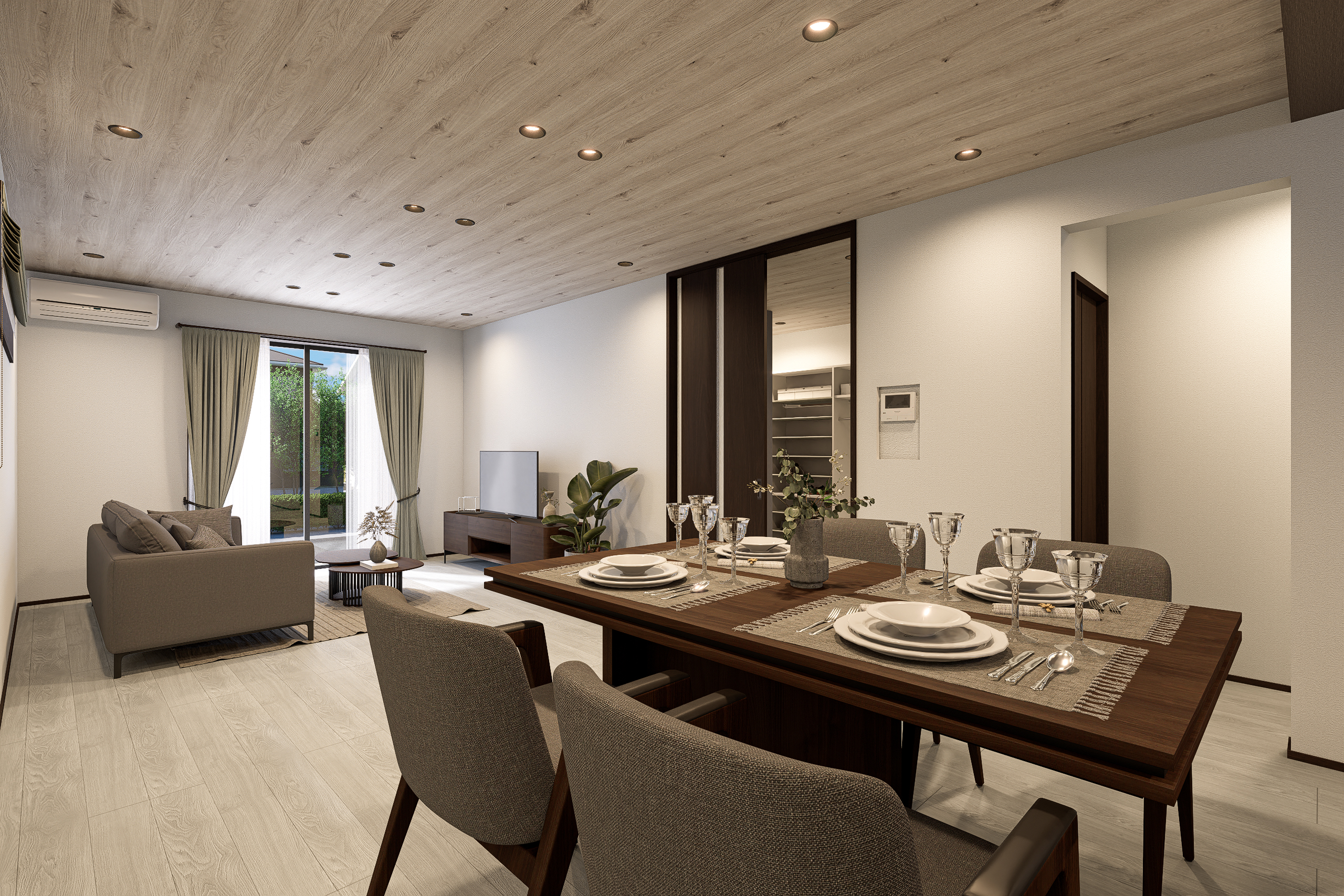 T-2/どんなシーンにも心地よくフィットする癒しに満ちたLDK。南面の窓には電動シャッター付きで防犯にも配慮。