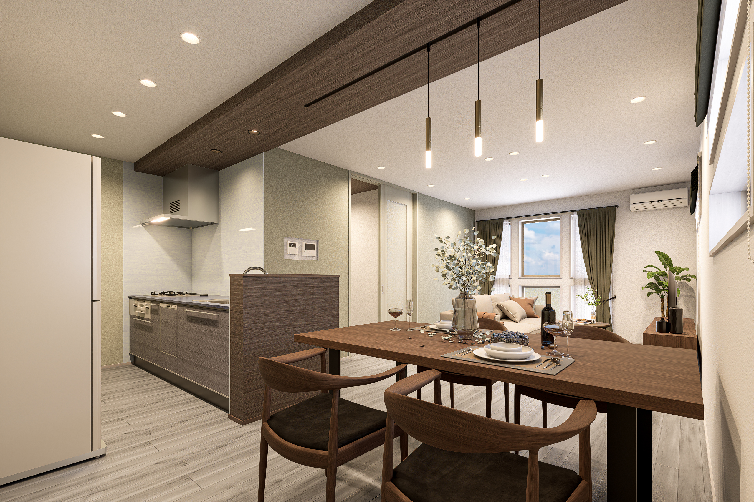 T-1/18.5帖の開放感あふれるLDK。ダイニング上部に並ぶペンダントライトが、カフェのようなお洒落な雰囲気を演出。