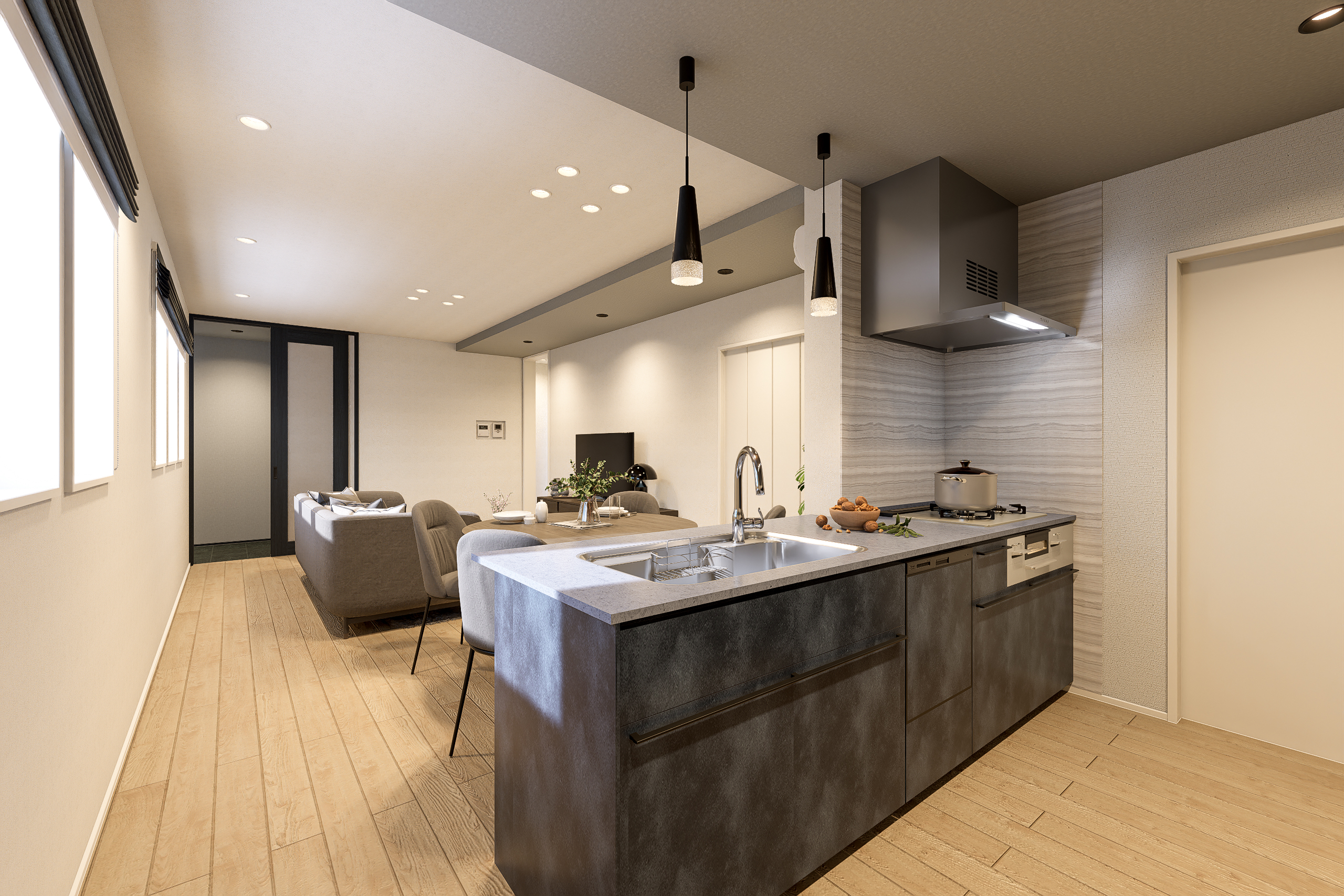 T-2/キッチン・ダイニング・リビングが美しく繋がり、一体感のある暮らしが実現。キッチン横にパントリーを設置。