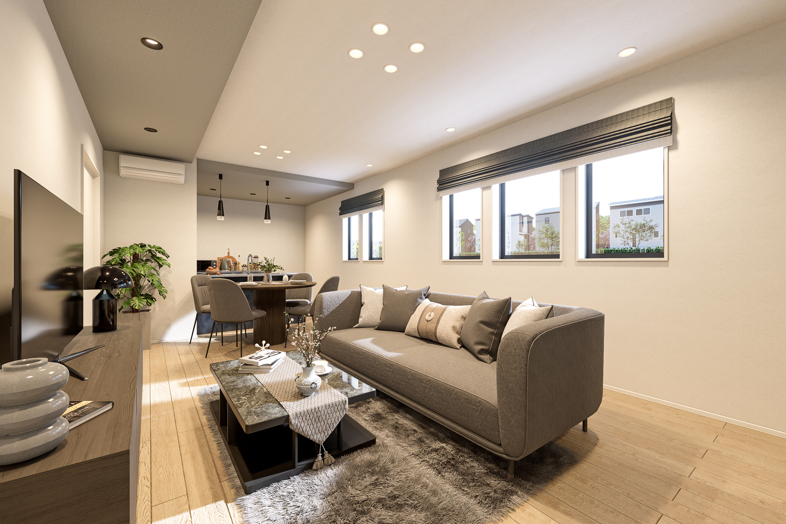 T-2/南西角地ならではの陽光が降り注ぐ18.0帖の広々LDK。明るく開放的な空間が家族の時間を温かく包み込みます。