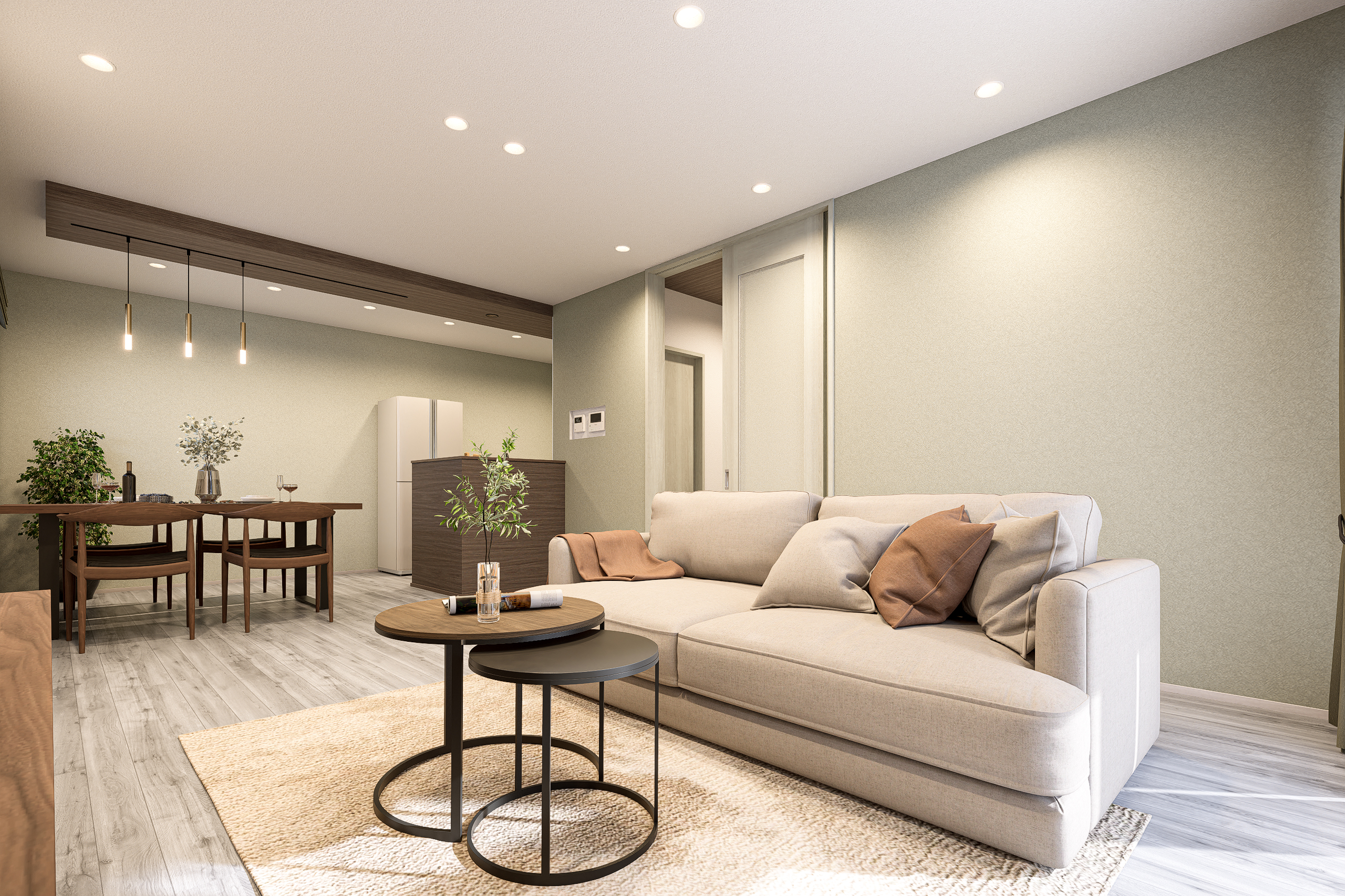 T-1/18.5帖の大空間LDK。意匠性の高いダイニングの折下天井や、冬も快適な床暖房など、機能と美しさが共存します。