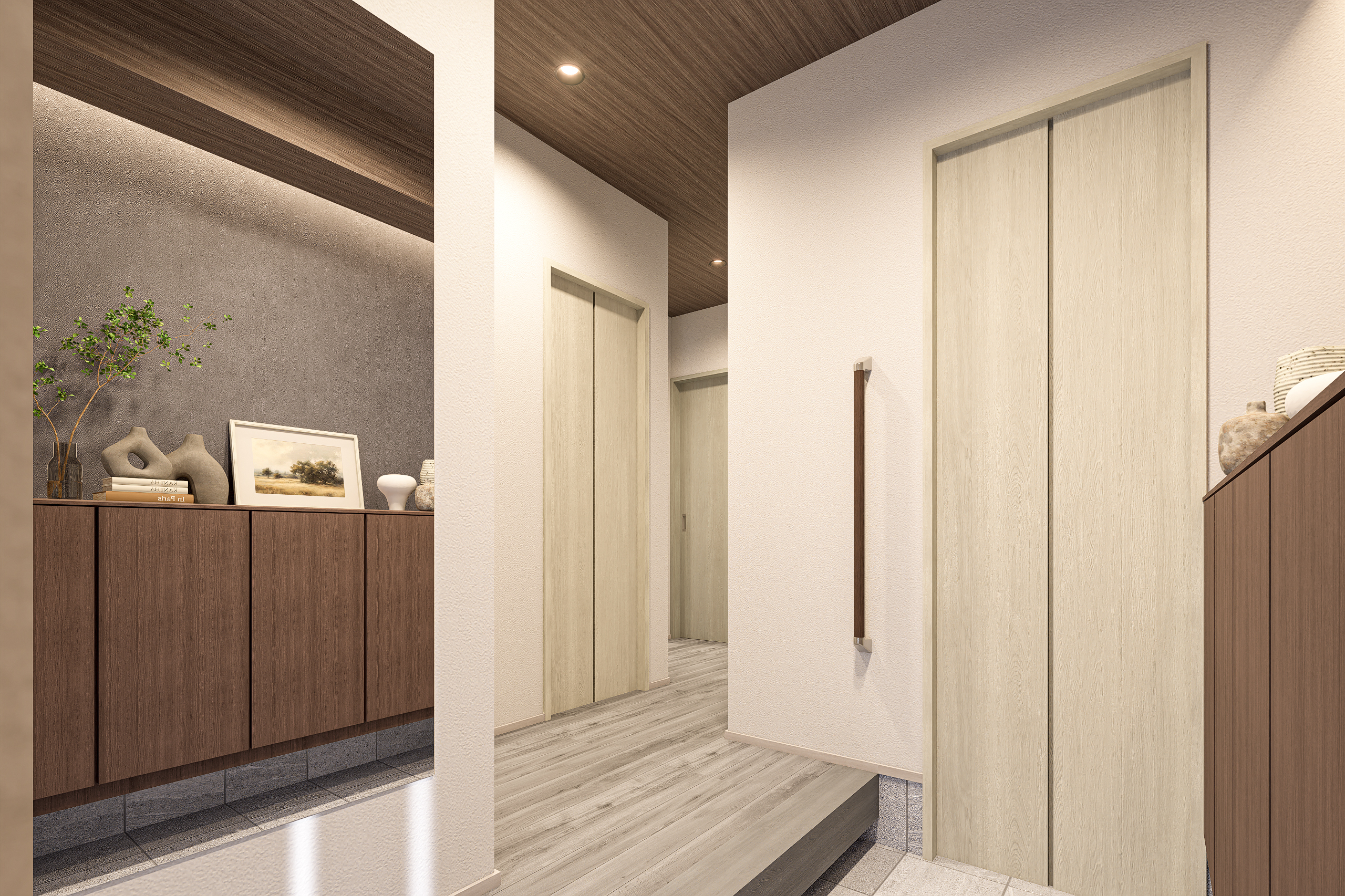 T-1/洗練されたデザインに木の温もりが調和する美しい玄関。間接照明の灯りが上質な寛ぎの予感を演出します。