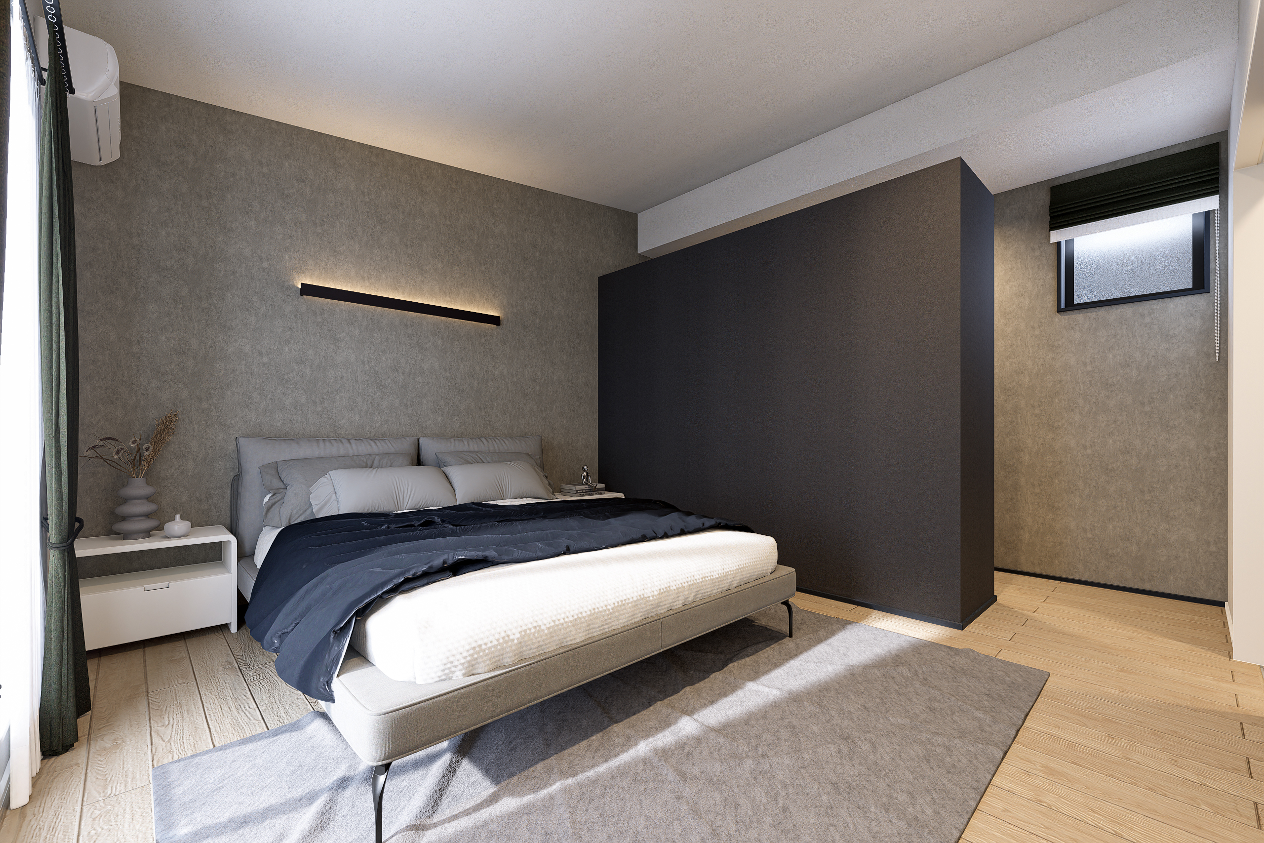 T-2/10帖の大空間が叶える、憩いの主寝室。都会的でシックなインテリアが、大人のための上質な寛ぎを誘います。