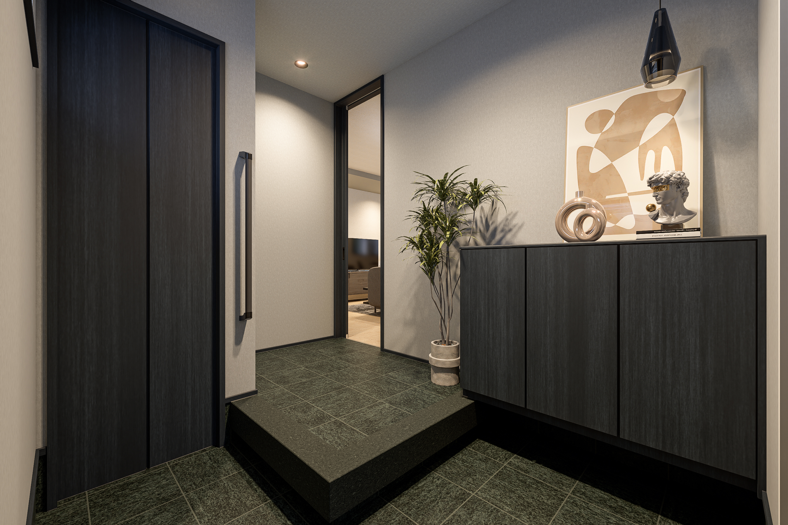 T-2/モスブラックが映えるモダンで洗練された空間。デザイン性と上質さが共存する、こだわり派にふさわしい佇まい。