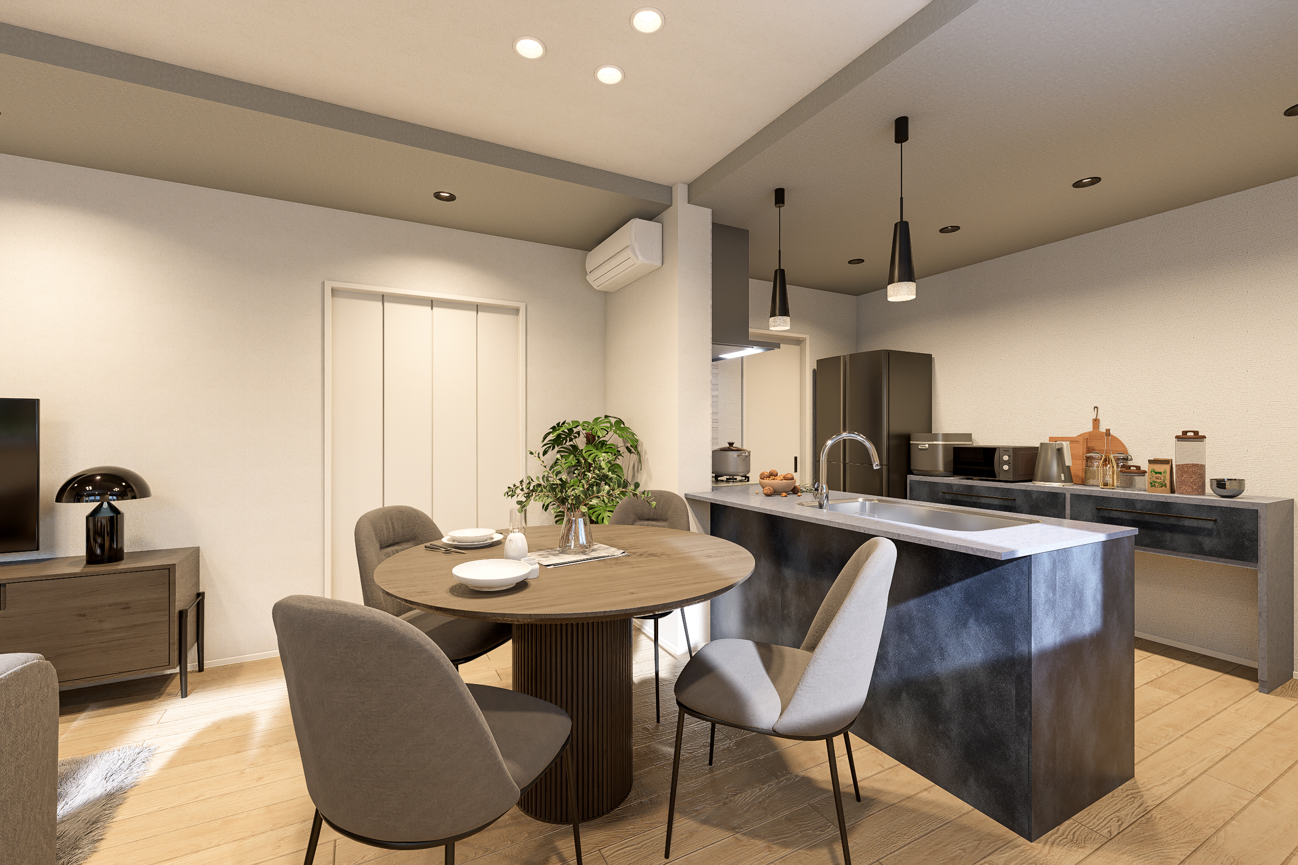 T-2/キッチンとの繋がりも良く、料理をしながら会話が弾みます。団欒の時間を、さらに明るく心地よく。