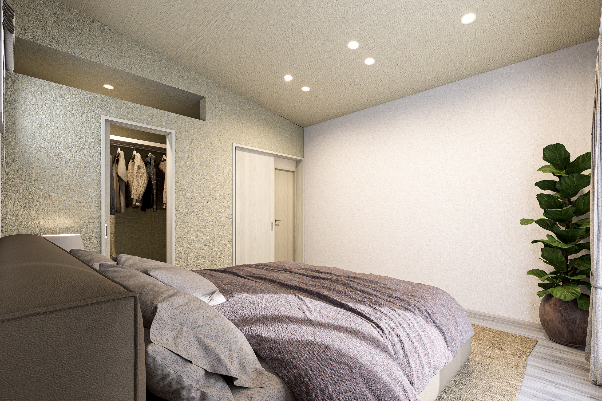 T-1/1.9帖のWICが生活感を隠し、ホテルのような寛ぎを実現。一日の終わりを贅沢な気分で過ごせる、至福の空間です。