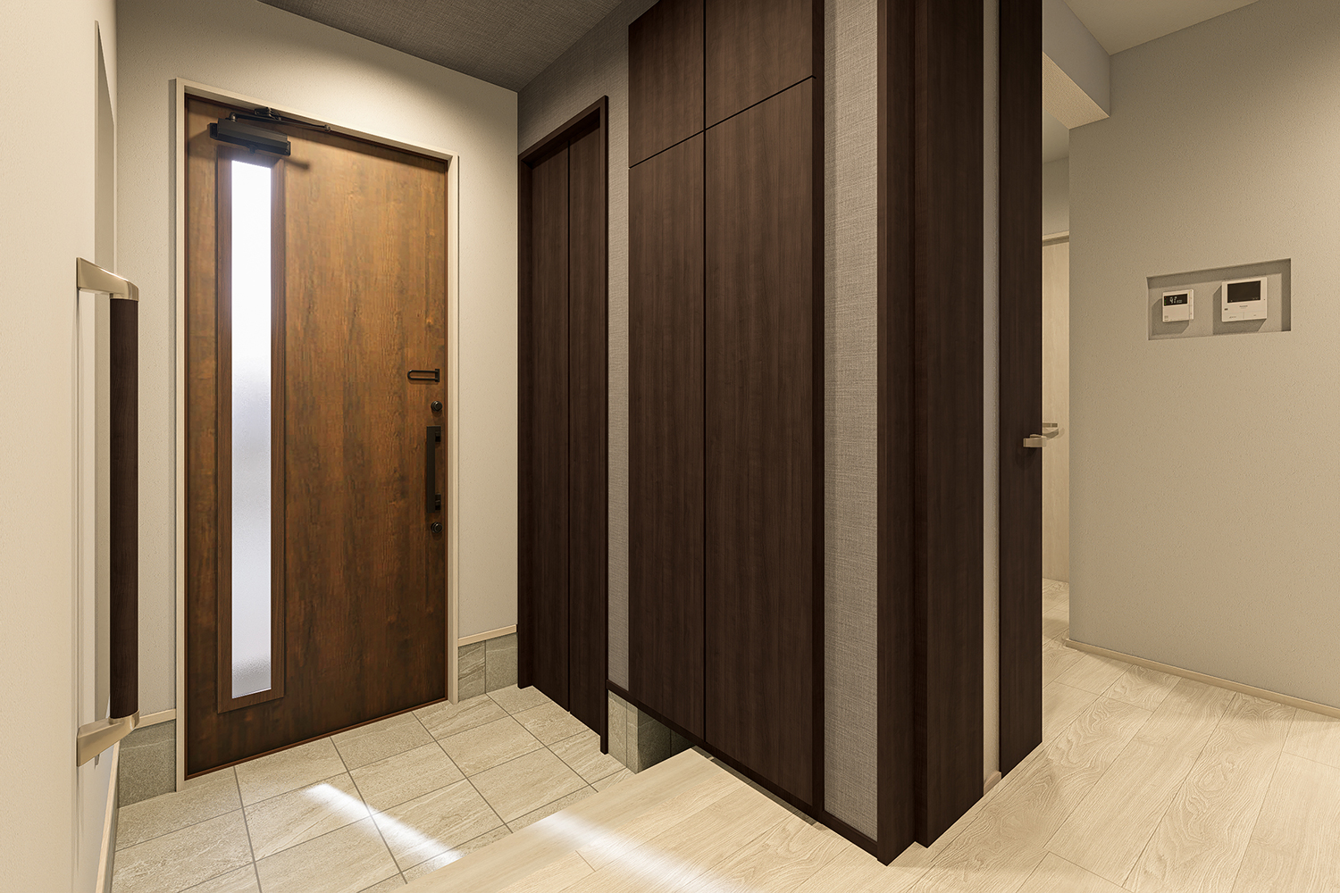 T-2／ベビーカーやアウトドアグッズの収納も可能な土間収納が玄関をすっきりと保ちます。